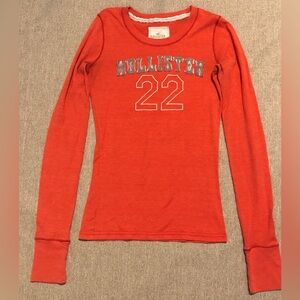 Hollister Long Sleeve Red Tee Distressed Gray Patch Letters Size Small